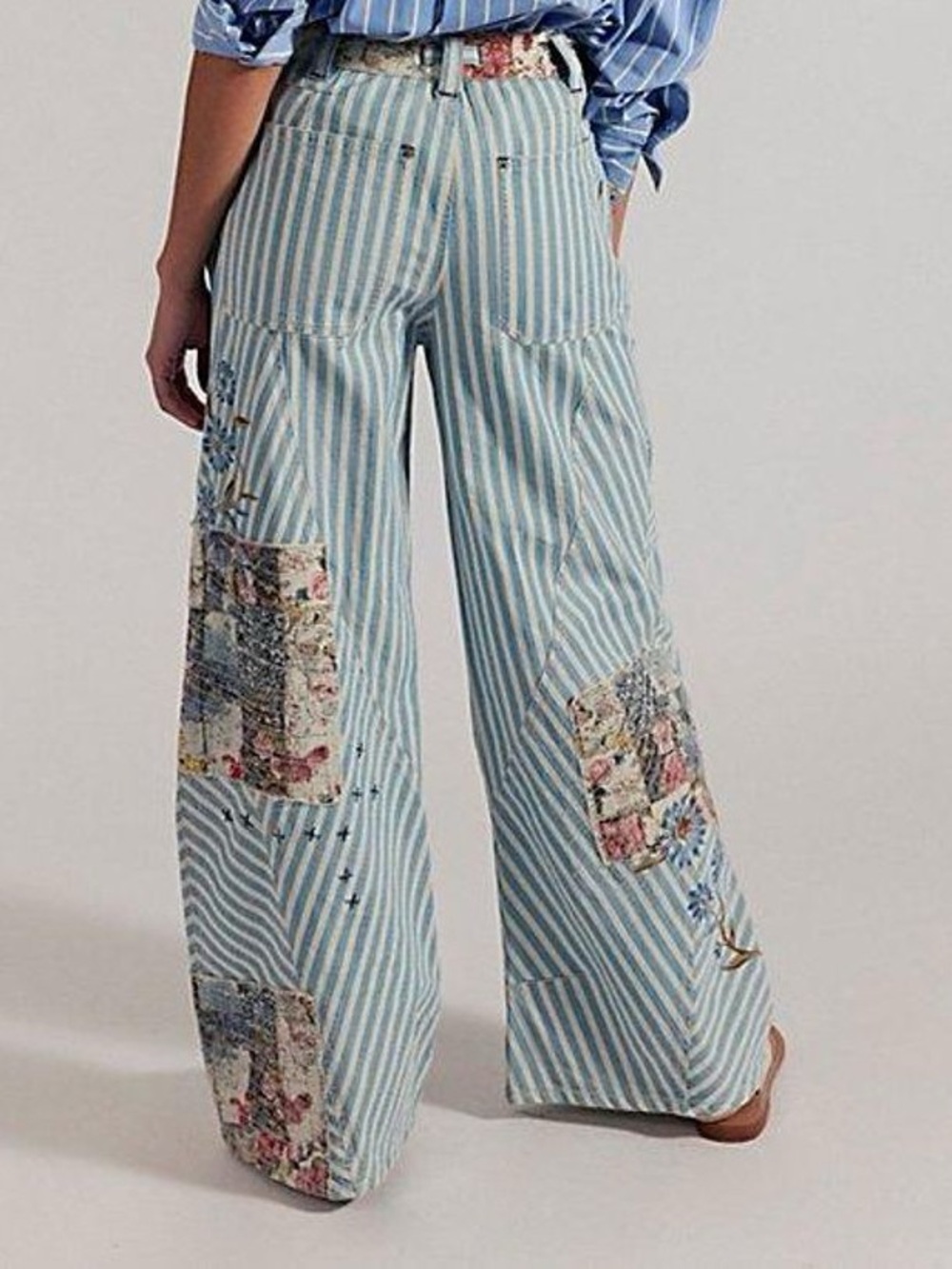 Free People Light Blue Striped Wide-Leg Patchwork Jeans - Picture 3 of 6